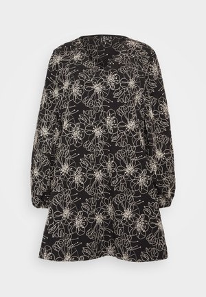 Schwarzes Kleid mit floralem Design und weißem Rand, langen Puffärmeln, Rundhalsausschnitt und einem Schlüssel-ausschnitt vorne.