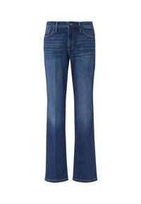 Ciemnoniebieskie jeansy z denimu o rozkloszowanym kroju, wyposażone w standardowy pas i przednie kieszenie, o gładkiej fakturze i minimalnym blaknięciu.