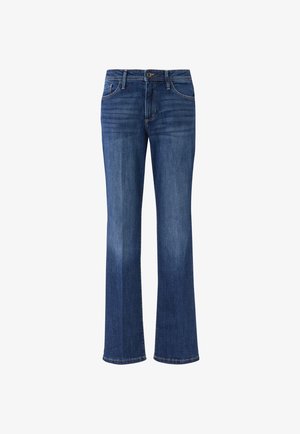 Ciemnoniebieskie jeansy z denimu o rozkloszowanym kroju, wyposażone w standardowy pas i przednie kieszenie, o gładkiej fakturze i minimalnym blaknięciu.