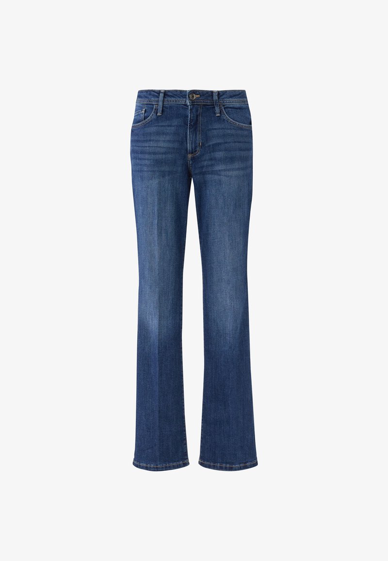 Ciemnoniebieskie jeansy z denimu o rozkloszowanym kroju, wyposażone w standardowy pas i przednie kieszenie, o gładkiej fakturze i minimalnym blaknięciu.