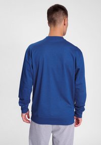 Blå sweatshirt med långa ärmar och rund hals. Tyget ser mjukt ut; enkel design utan synliga mönster eller detaljer.