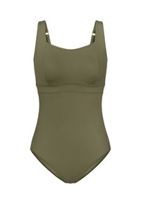 Olijfgroene eendelige badpak met brede bandjes en een gestructureerde halslijn. Voorzien van stikdetails en een klein logo-accent bij de heup.