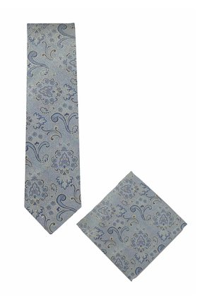 Lichtblauwe stropdas en pochet met donkerblauw en grijs bloemig paisleypatroon op witte achtergrond.