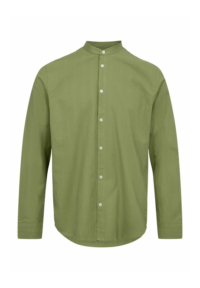 Cămașă cu mâneci lungi din bumbac verde măsliniu, cu guler mandarin, închidere buton frontal și tiv rotunjit. Textură netedă și design casual.
