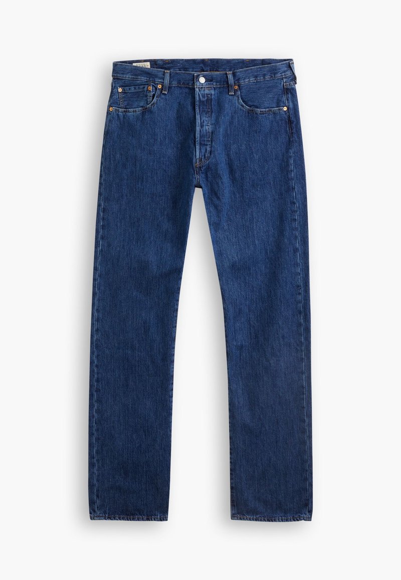 Jean en denim bleu foncé avec une coupe droite, cinq poches, une fermeture à bouton et des coutures contrastantes. Texture lisse et coupe classique.