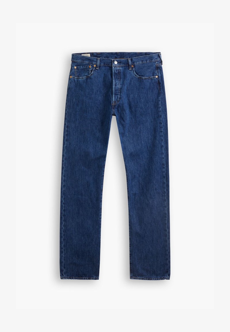 Jean en denim bleu foncé avec une coupe droite, cinq poches, une fermeture à bouton et des coutures contrastantes. Texture lisse et coupe classique.