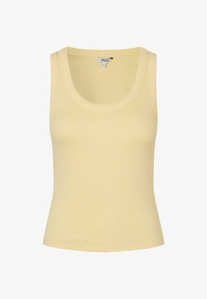 Canottiera senza maniche a coste di colore giallo pallido con scollo rotondo, piccola etichetta della taglia all'interno del colletto.