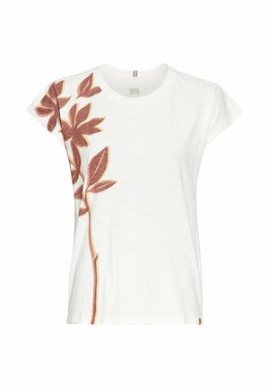 Weißes Baumwoll-T-Shirt mit kurzen Ärmeln, das auf der linken Seite ein braunes Blattmuster aufweist. Weicher Stoff und lässige Passform.