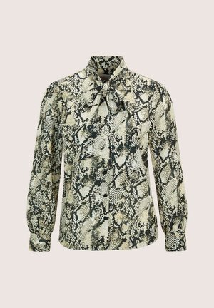Slangenprint blouse met een gestrikte kraag, lange mouwen, knoopsluiting aan de voorkant en textiel in tinten groen, room en zwart.