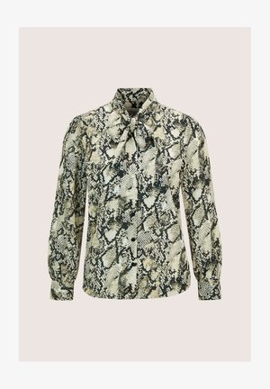 Schlange-Muster-Bluse mit gebundenem Kragen, langen Ärmeln, durchgehender Knopfleiste und strukturiertem Stoff in Grüntönen, Creme und Schwarz.