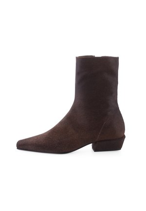 Dark brown suede ankle boot with a low block heel and a pointed toe, viewed from the side on a white background.