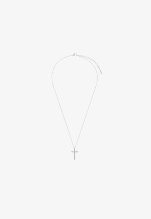 Srebrny naszyjnik z prostym wisiorem w kształcie krzyża, ozdobionym małymi, przezroczystymi kamieniami szlachetnymi, z delikatnym łańcuchem i regulowaną długością.
