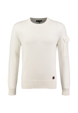 Kremowy sweter z prążkowanym wykończeniem u dołu i na rękawach, okrągłym dekoltem oraz kieszonkowym akcentem na lewym rękawie. Wykonany z teksturowanej tkaniny dzianinowej.