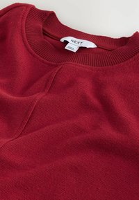 Rød strikket sweater med ribbet rund hals, blød tekstur og et subtilt diagonalt mønster. Den har et mærke, der viser brandet "NEXT."