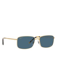 Occhiali da sole Ray-Ban con montatura in metallo dorato, forma rettangolare, lenti blu scuro e dettagli tartaruga sulle astine.