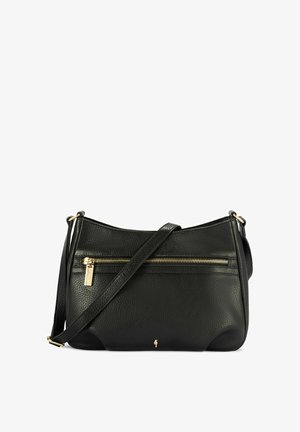 Czarna, teksturowana skórzana torebka na ramię z kieszenią na złoty zamek i małym złotym logo na przodzie, regulowany pasek na ciało.