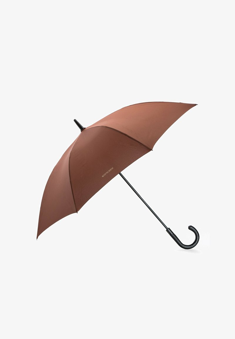 Parapluie ouvert marron avec poignée courbée noire et tige noire, affichant un petit logo « WITTCHEN » sur la toile.