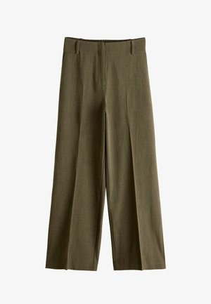 Wide-leg trousers in olive green fabric, featuring a smooth texture, front pockets, and a flat waistband with belt loops.