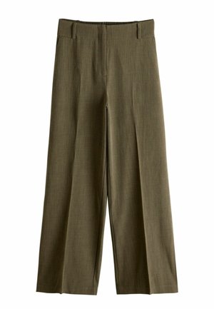 Weite Hosen aus olivgrünem Stoff mit glatter Textur, vorderen Taschen und einem flachen Bund mit Gürtelschlaufen.