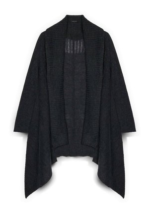 Cardigan nero, lavorato a maglia chunky, con apertura frontale, maniche larghe e un motivo testurizzato. Presenta un colletto e un orlo a coste.