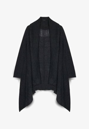 Schwarze, grob gestrickte Strickjacke mit offenem Frontbereich, weiten Ärmeln und strukturiertem Muster. Mit einem gerippten Kragen und Saum.