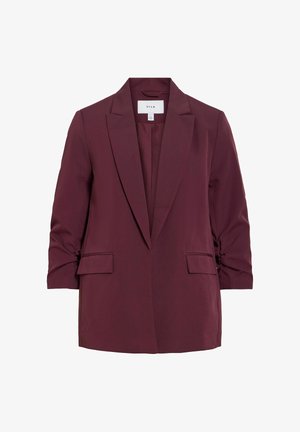 Sötét bordó női blézer bevágott hajtókákkal, hosszú ujjal, elöl zsebfedőkkel és a gallér belsejében VILA márkajelzéssel.
