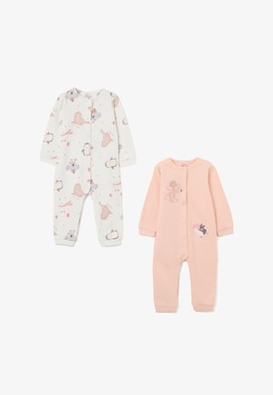 Zwei Kinder-Overall: einer weiß mit Tiermustern, Langarm, Druckknöpfen; der andere pink, mit vorderem Designdetail, Langarm, weicher Stoff.