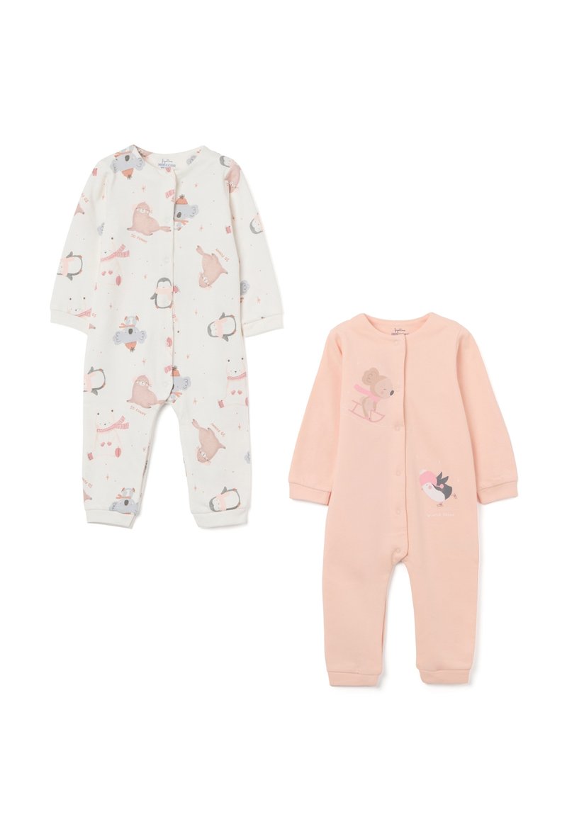Zwei Kinder-Overall: einer weiß mit Tiermustern, Langarm, Druckknöpfen; der andere pink, mit vorderem Designdetail, Langarm, weicher Stoff.