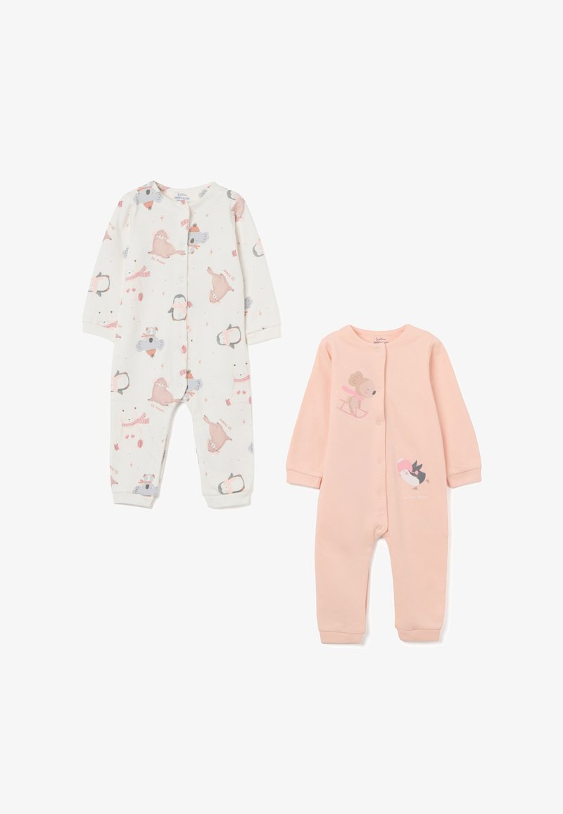 Zwei Kinder-Overall: einer weiß mit Tiermustern, Langarm, Druckknöpfen; der andere pink, mit vorderem Designdetail, Langarm, weicher Stoff.
