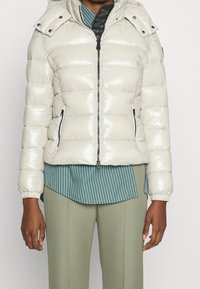 Person iført en skinnende off-white dunjakke med lynlåslommer, over en grøn stribet skjorte og lysegrønne bukser, som står foran en ensfarvet baggrund.