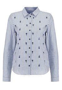 Chemise à rayures bleu et blanc, ornée d'une broderie florale marine, avec un col classique et des manches longues avec poignets à boutons.