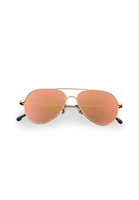 Pilotensonnenbrille mit einem goldenen Rahmen, rosa getönten Gläsern und schwarzen Tipps. Verfügt über eine doppelte Brücke und verstellbare Nasenpolster für zusätzlichen Komfort.