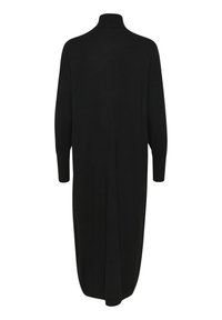 Svart lång tröjdress med hög krage, långa ärmar och avslappnad passform. Tillverkad av mjukt material med en slät, solid textur.