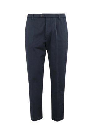 Pantaloni a gamba dritta blu navy con chiusura a bottone e zip, passanti per cintura e tasche anteriori, mostrati su uno sfondo bianco.