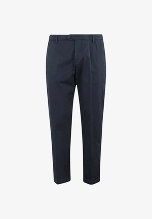 Pantaloni a gamba dritta blu navy con chiusura a bottone e zip, passanti per cintura e tasche anteriori, mostrati su uno sfondo bianco.