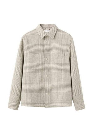 Checkered button-up shirt in light gray and beige. Collared design with long sleeves and two front pockets. Soft, textured fabric.