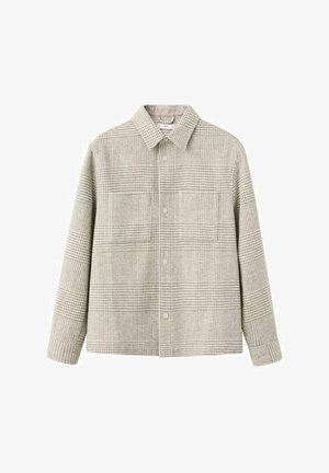 Checkered button-up shirt in light gray and beige. Collared design with long sleeves and two front pockets. Soft, textured fabric.