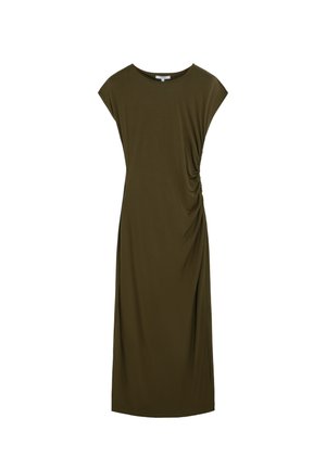 Vestido midi sin mangas de color verde oliva con escote redondo y detalle fruncido en el lado derecho para una silueta ajustada.