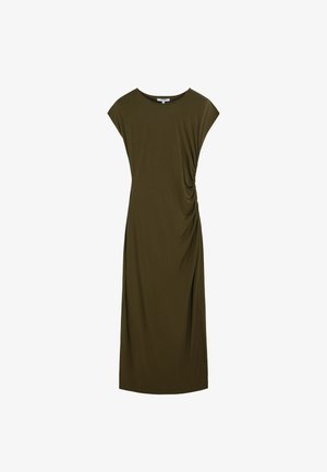 Vestido midi sin mangas de color verde oliva con escote redondo y detalle fruncido en el lado derecho para una silueta ajustada.