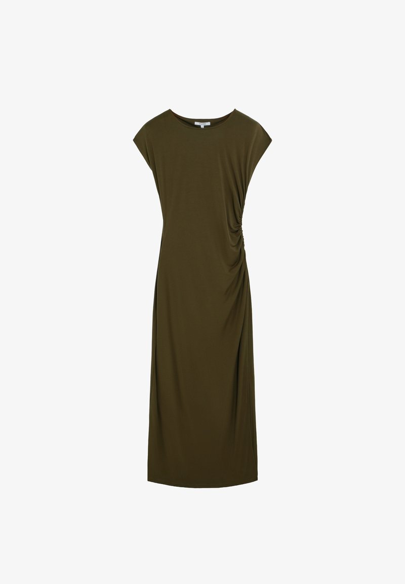 Vestido midi sin mangas de color verde oliva con escote redondo y detalle fruncido en el lado derecho para una silueta ajustada.