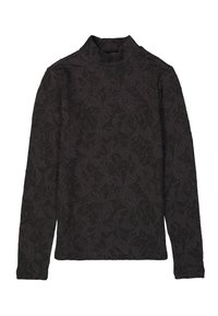 Turtleneck noir à manches longues, avec un motif floral en relief, tissu doux et coupe ajustée, col haut et manches standard.