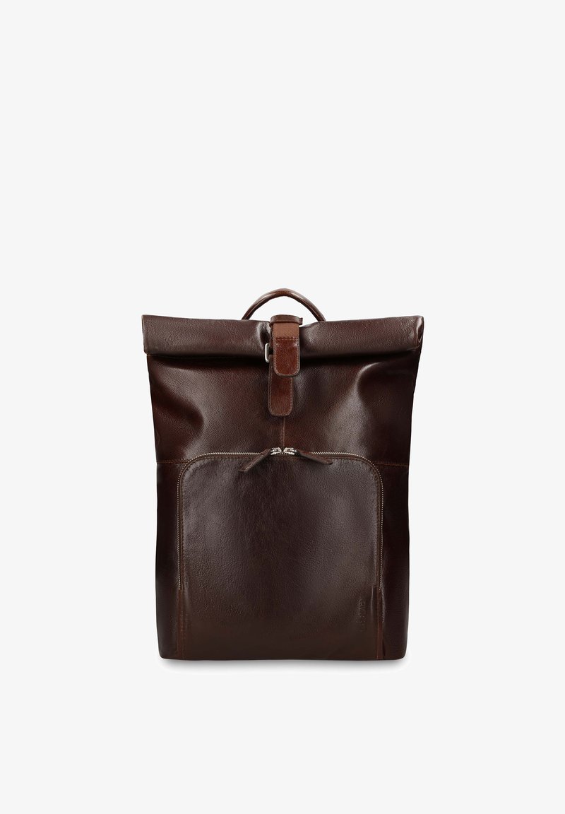 Dark brown leather backpack with top roll closure secured by a strap and front zippered pocket against a white background.