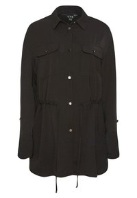 Zwarte lange mouwen shirt met twee borstzakken, een koord in de taille en een knoopsluiting aan de voorkant. Getextureerde stof met subtiele glans.