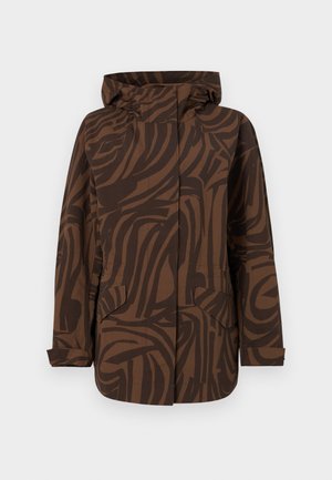 Brown patterned jacket with a hood, featuring abstract dark brown stripes, two front pockets, and a relaxed fit design.