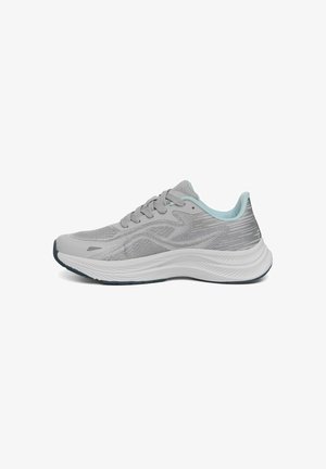 Scarpa da corsa atletica grigio chiaro con tomaia in mesh a motivo, suola bianca ammortizzata e fodera interna azzurro chiaro vista di lato.