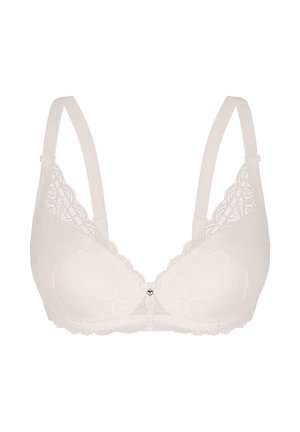 White lace bra with adjustable straps, underwire cups, and a small heart-shaped charm at the center front.