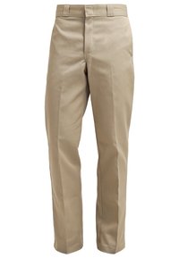 Beige chinos med lige pasform, lavet af bomuldsstof. Funktioner bæltestropper og skjult lynlås fortil, med en blød tekstur.