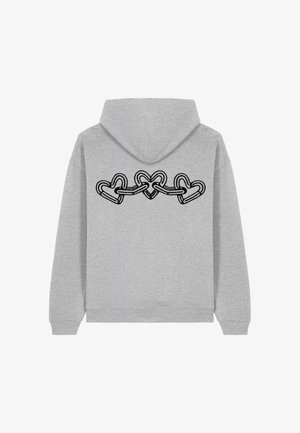 Felpa grigia con orli e polsini a costine. Presenta un design a catena di cuori neri sul retro, che illustra cuori intrecciati in un motivo.