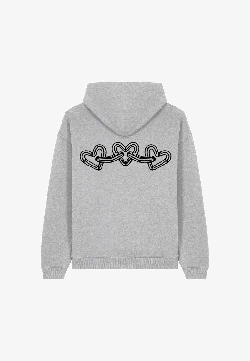 Felpa grigia con orli e polsini a costine. Presenta un design a catena di cuori neri sul retro, che illustra cuori intrecciati in un motivo.