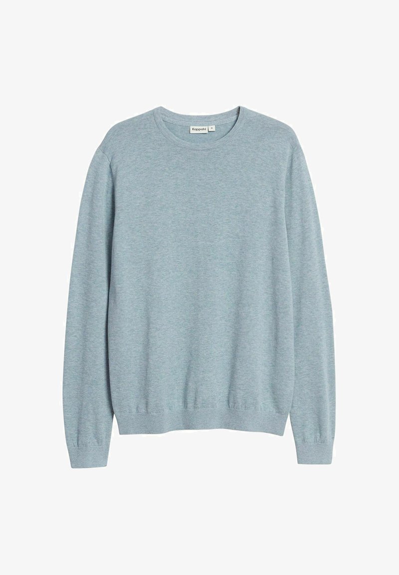 Pull à col rond bleu clair à manches longues avec poignets et ourlet côtelés, présenté à plat sur un fond blanc.